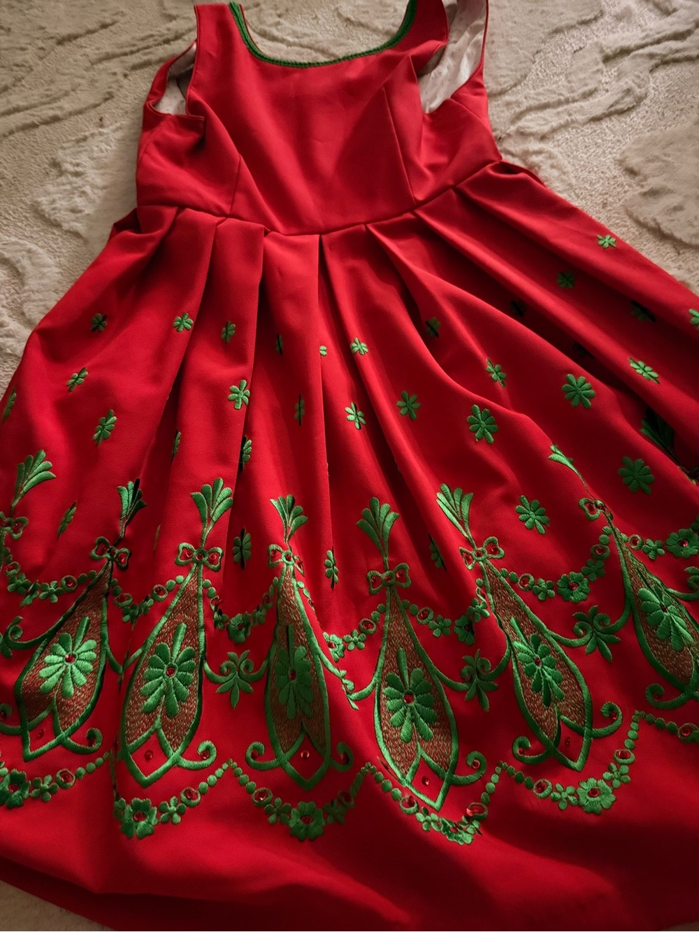 Red Embroidered Circle Skirt with Green Floral Detail